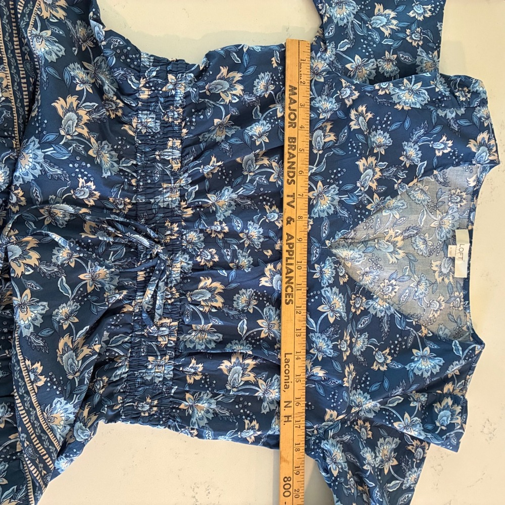 LOFT Dress Wom M Blue Floral Tiered Maxi VNeck Long Sleeve Smocked Waist Cottage - Picture 7 of 11